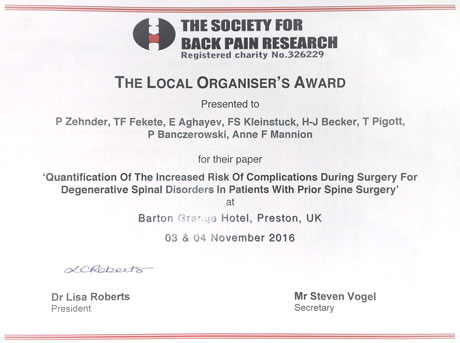 “Local Organiser’s Award” at the Society for Back Pain Research (UK)