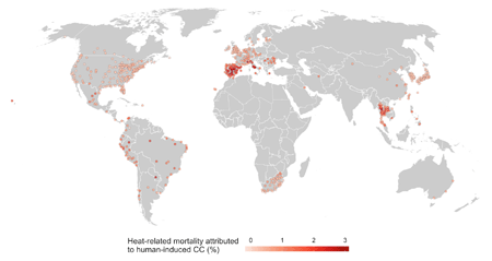 Estimate of historical heat-related mortality (1991 - 2018) attributed to human-induced climate change (CC), expressed as mortality fraction (%), in the 732 locations included in the study.