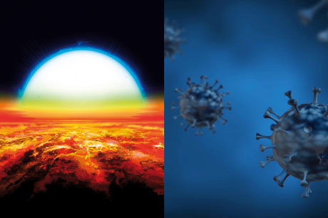 Astrophysics and epidemiology: The image on the left shows an artist’s impression of a sunset over the exoplanet KELT-9b (© Denis Bajram). The image on the right is from an artistic animation of the coronavirus © Pexels