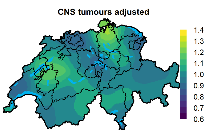 Map showing estimated risk of childhood CNS tumors in Switzerland for the period 1985–2015. The color scale indicates how much higher (or lower) the cancer risk was compared to the national average. A value of 1 indicates the national average, while, for example, 1.2 indicates a higher risk by 20%. The map shows he variation remaining after accounting for several factors such as degree of urbanization (urban, rural, intermediate), socio-economic position, language region, traffic-related air pollution and natural background radiation.