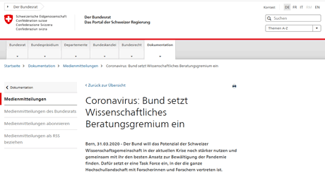 Swiss National COVID-19 Task Force BAG Screenshot