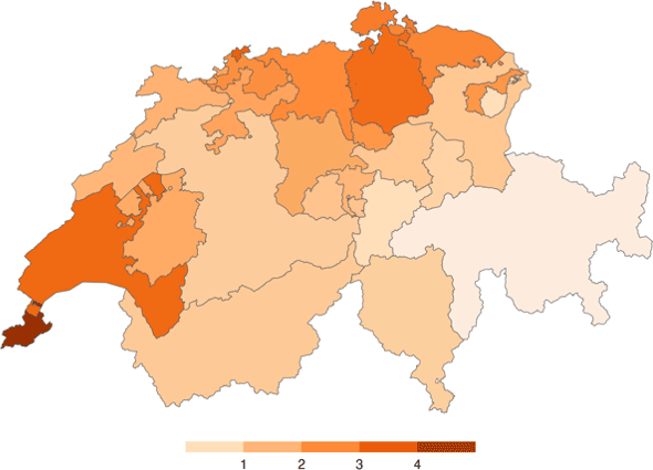 Canton-specific heat-related mortality attributed to anthropogenic climate change, expressed as mortality fraction of total all-cause mortality (%)